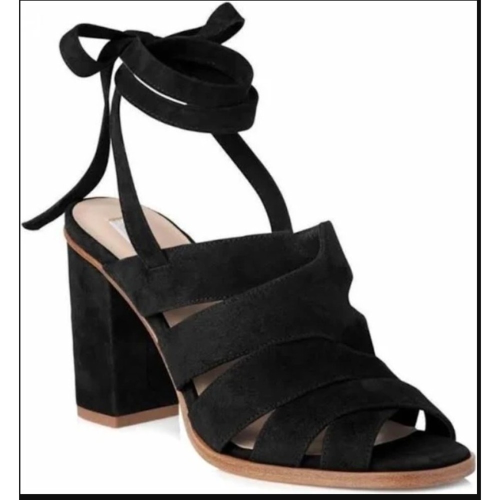 L.K. Bennett London Black Suede Block Heela Ankle‎ Wrap Tie Up Sandals 36